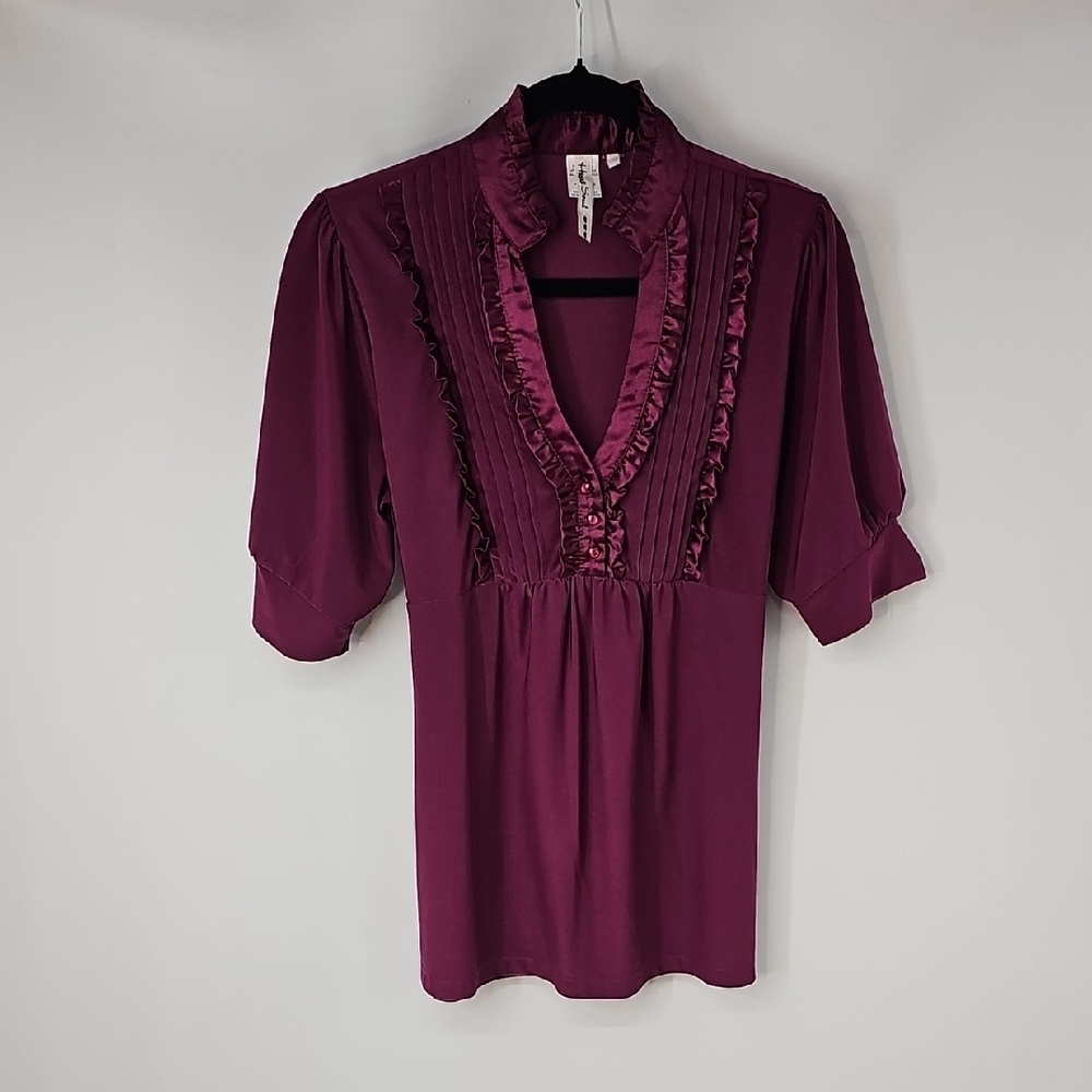 Heart Soul Maroon Y2K Babydoll Empire Waist Satin Ruffled Trim Elbow Sleeve Top‎